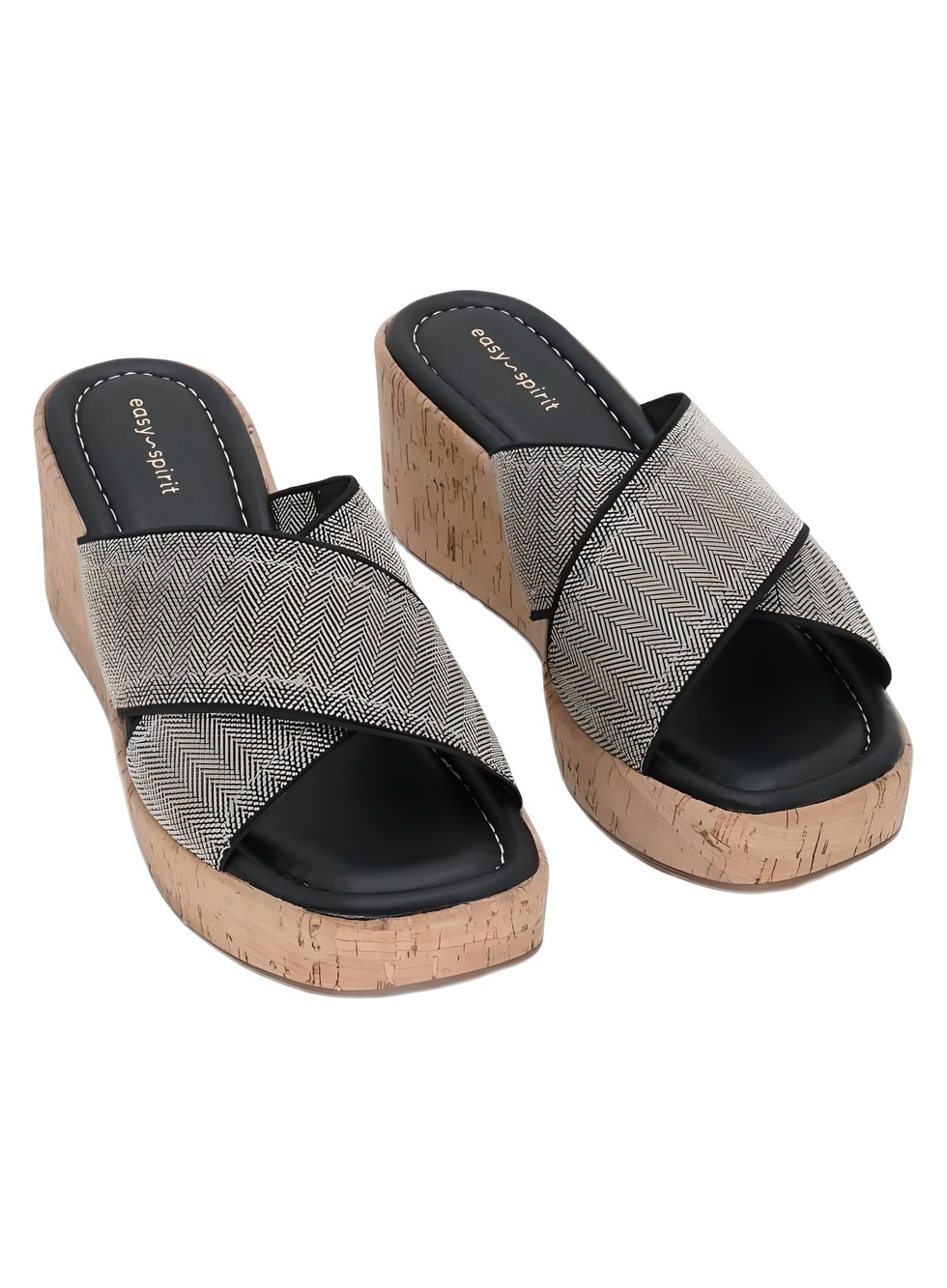 Easy Spirit Fawn Black Natural Herringbone Cork Platform Sandals Size 7.5M
